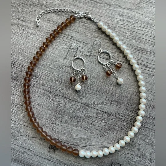 Sterling Silver Fresh water Pearl & Swarovski Crystal Necklace & earrings set.